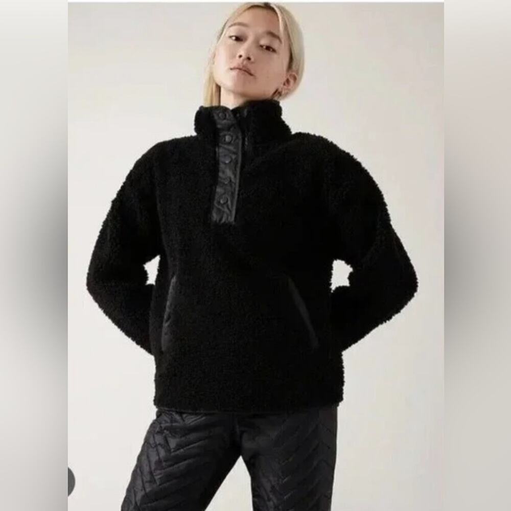 Athleta Women’s Cozy Sherpa Snap Sweatshirt Oversize Snap Button Pockets Black S